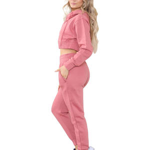 Survêtement court personnalisé pour femme avec logo, 100 % coton, séchage rapide, respirant, grandes tailles, manches longues, sweat à capuche zippé, deux pièces, adulte - Product Image 4
