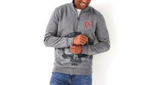 <b>Men's</b> Gray Quarter Zip Sweatshirt With <b>Skull</b> Print And Logo Front Casual Fit Regular Sleeve French Terry Fabric <b>Men</b> Sweat <b>Shirt</b> - Product Image 1