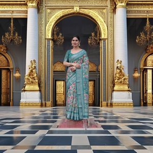 Sari de Lujo Verde Mar con Estampado Floral, Estilo Étnico Indio para Bodas, en Suave Algodón Antiarrugas con Protección Solar, Incluye Blusa - Product Image 1