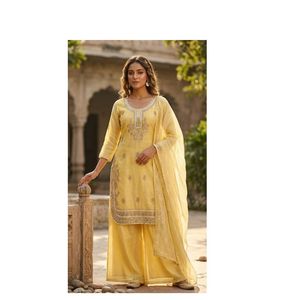Elegante conjunto plazo dorado con bordado de espejo real, talla única, con dupatta, ideal para fiestas y eventos festivos, atuendo étnico. - Product Image 1