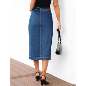 Falda vaquera midi informal de moda para mujer 2026, de talle alto con bolsillos delanteros, por debajo de la rodilla y abertura, estilo vestido maxi lindo - Product Image 1