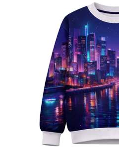 Sudadera Personalizada con Estampado 3D de Ciudad Nocturna en Azul y Morado Neón, Sudadera Casual con Cuello Redondo para Hombre, Top de Sublimación Personalizado para Ropa Urbana - Product Image 3
