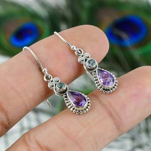 Pendientes de Lágrima de Amatista con Plata de Ley y Acento de Topacio Azul, Joyería Artesanal con Piedras Preciosas, Regalo para Mujer, Nikhil Gems NG-033, de Moda - Product Image 3