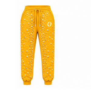 Gold Pearl Beaded <b>Jogger</b> Pants <b>Women</b> Luxury Embellished Drawstring Sweatpants Casual Streetwear <b>Fleece</b> Trousers With Pockets - Product Image 1
