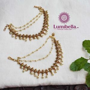 <b>Stud</b> <b>Earrings</b> with Diamond and Pearl Side Ear <b>Chain</b> Gold Plated Brass for Wedding Party Gift - Product Image 1