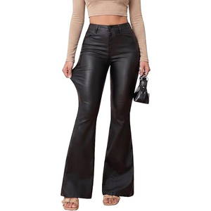 Pantalones de Cuero Genuino para Mujer, Cintura Alta, Corte Regular, Elásticos, de Cuero Sintético, Rectos, Ecológicos, Transpirables, Casuales - Product Image 1