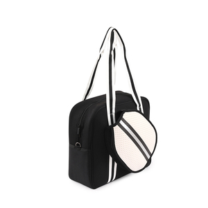 Sac fourre-tout de sport en néoprène noir avec poignées rayées blanches, fermeture éclair, résistant à l'eau, 30-40L, style décontracté - Product Image 2