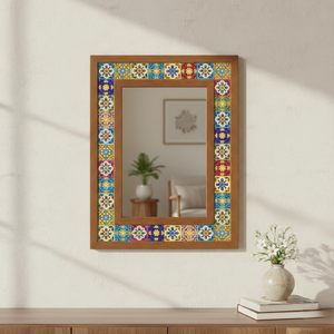 Handcrafted Large Vintage Wooden Mosaic <b>Rectangular</b> Framed Decorative Glass <b>Wall</b> <b>Mirror</b> Bohemian Living Room Entryway Home Decor - Product Image 1