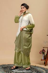 Conjunto de Salwar Kameez Bordado Verde Oliva, Traje Pakistaní para Mujer con Chal, Vestido con Lentejuelas Florales - Product Image 5