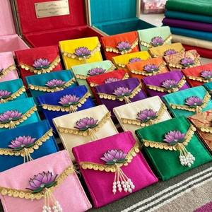 <b>Mini</b> Lotus coin <b>Pouches</b> clutch in Multiple colors Lehriya Gotta Patti with lotus button for Wedding pooja Gifting Indian favors - Product Image 1