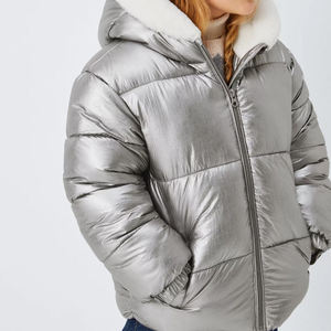 Silver <b>Hooded</b> Puffer <b>Jacket</b> Zipper Closure Windproof Thick Winter Coat Unisex Casual Solid Color Regular Fit Faux <b>Fur</b> Lining - Product Image 3