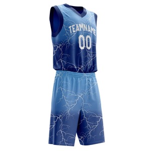 Conjunto de Uniforme de Baloncesto Sublimado Personalizado, Cuello en V, Sin Mangas, Absorbente de Humedad, Unisex, para Adultos, con Estampado de Rayos Azules - Product Image 4