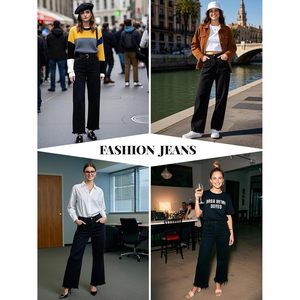 2025 2024, pantalones vaqueros de pierna ancha para mujer, Pantalones vaqueros de pierna recta holgados de cintura alta Y2K con dobladillo crudo, pantalones vaqueros transpirables holgados estampados - Product Image 5