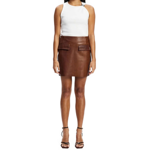 Jupe mini en cuir marron taille haute pour femme avec poches avant, design crayon, style minimaliste, à porter toute l'année - Product Image 4