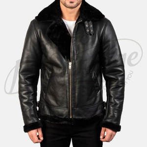 Veste en cuir véritable pour homme, doublée de fourrure de mouton véritable, style aviateur, manteau de motard avec col en fourrure, pour l'hiver - Product Image 3