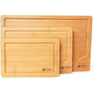 Juego de 3 Tablas de Cortar de Bambú con Ranuras para Jugo y Asas para Uso en la Cocina - Juego de Tablas de Cortar de Madera para Separar Carne, Verduras y Jugos - Product Image 1