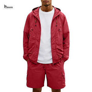 Conjunto Deportivo Unisex Transpirable con Capucha, Chaqueta Cortavientos con Cierre Completo, Pantalones Cortos Cargo con Cordón y Bolsillos, Ropa Urbana de Verano - Product Image 1