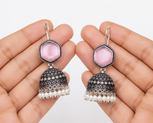 Custom Cat Eye Monalisa Gemstone Oxidized Silver Pearl Bell <b>Earrings</b> Traditional Fashion Jewelry OEM ODM - Product Image 4