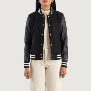 Black Varsity <b>Jacket</b> With Brown Faux Leather Sleeves Stand Collar Button Closure Autumn Wear <b>Women's</b> <b>Jacket</b> - Product Image 4