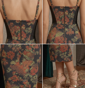 Robe de soirée élégante vintage à imprimé floral en satin tissé, longueur genou, col en V, bretelles spaghetti, coupe trapèze, taille élastique, antistatique, vente en gros - Product Image 6