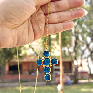 Religious cross jewelry cabochon apatite jade cushion gemstone crucifix cross pendant necklace 18k gold plated chain necklaces - Product Image 4