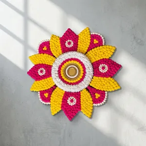 Rangoli Tradicional con Forma de Flor, Decoración para el Hogar, Diwali, Entrada Interior, 100% Hecho a Mano, Tela y Metal, Ecológico, Art Deco, para Velas de Té - Product Image 6