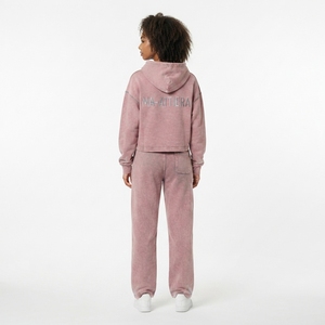 Custom Women Acid Wash <b>Pink</b> Cropped Hoodie Wide Leg Sweatpants Two Piece <b>Tracksuit</b> OEM Wholesale - Product Image 2