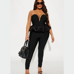 Mono sin mangas con cuello en V profundo, transpirable, de poliéster/algodón, de cintura alta, largo completo, estilo sexy de club, con lentejuelas, al por mayor - Product Image 4