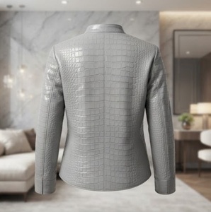 Blouson Moto Femme en Cuir PU Gris Gaufré Crocodile, Col Montant, Manches Longues, Longueur Standard, Fermeture Éclair, Automne - Product Image 5