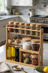 Soporte de Madera Natural para Salsas y Condimentos con 4 Tazones de Cerámica, Tipo Rústico, de un Solo Nivel, Organizador de Cocina - Product Image 6