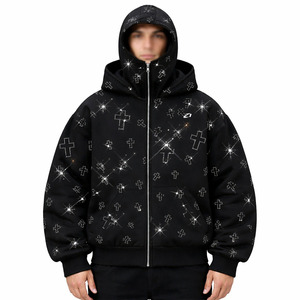 Sweat à capuche zippé pour homme, entièrement orné de strass, coupe oversize à épaules tombantes, en polaire thermique, style streetwear hiver, avec capuche masque et poche frontale - Product Image 6