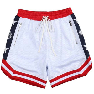Pantalones Cortos Deportivos a Rayas Blancas, Rojas y Azules para Hombre, Cintura con Cordón, Bolsillos con Cremallera, Transpirables, de Poliéster Tejido, de Longitud Media - Product Image 6