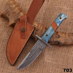 Couteau de chasse artisanal en acier Damas avec manche en résine et clous mosaïques, lame fixe à pointe tombante, couteau de survie EDC - Product Image 4