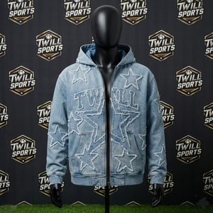 Sweat à capuche streetwear personnalisé pour homme, écologique, en denim vintage délavé, zippé, coupe oversize, avec écusson étoile brodé, pour l'hiver - Product Image 2