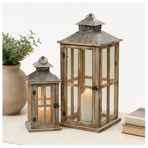 Farmhouse Wooden Decorative <b>Lantern</b> <b>Set</b> of 2 Rustic Distressed Brown Burnt Wood Floor Candle <b>Lanterns</b> with Metal Top For Indoor - Product Image 6