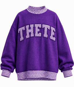 Custom Women’s Heavyweight Oversized Mockneck Sweatshirt Plaid Gingham <b>Patchwork</b> Casual Varsity Streetwear <b>Top</b> - Product Image 6