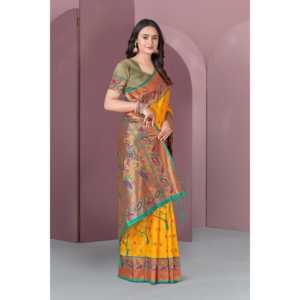 ผ้าไหมมีนาการีสีเหลืองแบบดั้งเดิม ผ้าซาเร่ทอแบบซารี ประดับด้วยด้ายซารี  ชุดราตรีสุดหรู - Product Image 4