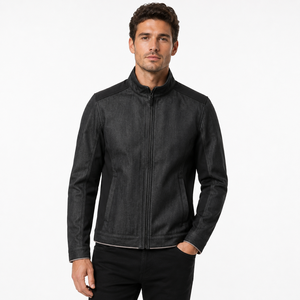 Textured Black Charcoal Men Stand Collar Full Zip Denim Jacket Contrast Panels Custom Logo Private Label OEM Streetwear Clothing - Product Image 1