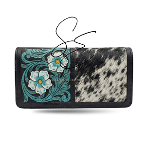 Cartera larga de cuero genuino con textura de pelo para mujer, tarjetero delgado con cierre abierto, estilo occidental, color turquesa - Product Image 1