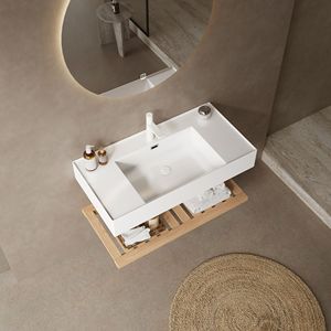 36 \ "galleggiante bianco acrilico bagno lavabo integrato rubinetto a parete rettangolare lavello in legno naturale - Product Image 3