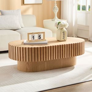 43.70-Inch Modern Handcrafted <b>Oval</b> Drum <b>Coffee</b> <b>Table</b> with Sturdy Pedestal Small Wooden Design for Living Room - Product Image 3