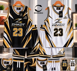 Venta al por Mayor Directa de ZIAKOT INDUSTRY, Conjunto de Baloncesto Personalizado Reversible Negro y Dorado-Blanco de Doble Cara para Sublimación - Product Image 1