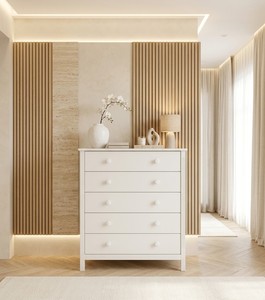 Cómoda Blanca de 5 Cajones, Diseño Minimalista de Paneles de Madera, Almacenamiento para Dormitorio, Gabinete Independiente de MDF - Product Image 1