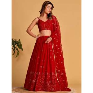 <b>Red</b> Embroidered Georgette Engagement <b>Lehenga</b> Choli for <b>Wedding</b> Apparel - Product Image 1
