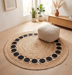 Tapis rond en jute tressé naturel avec franges en disques de bois pour une décoration rustique et champêtre - Product Image 5