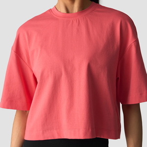 T-shirt court pour femme 100% coton, coupe ample, manches courtes, col rond, couleur unie, style streetwear oversize - Product Image 1