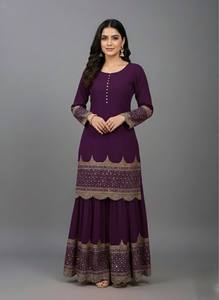 Costume Anarkali traditionnel pour femmes, couleur pourpre, avec broderie dorée, longueur au sol, polyester, tenue de soirée, style Inde Pakistan - Product Image 2