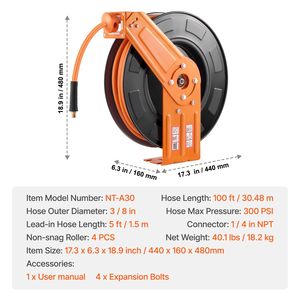 Enrouleur de tuyau d'air rétractable avec rembobinage automatique, 5 pieds, pour tuyau d'air en caoutchouc de 3/8 po x 100 pi, pression max. 300 PSI, conforme CEI, pour compresseur d'air - Product Image 5