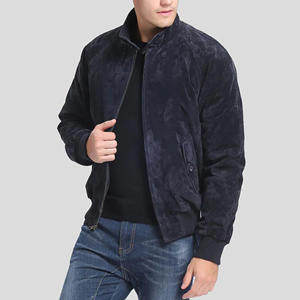 Blouson en daim bleu marine pour homme, col montant, style bomber, en daim de chèvre souple de luxe, coupe ajustée, vêtement d'extérieur décontracté - Product Image 5