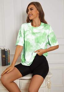Camiseta de algodón tie-dye para mujer, cuello redondo, manga corta, corte holgado, informal, transpirable, de punto jersey, para primavera/verano - Product Image 5